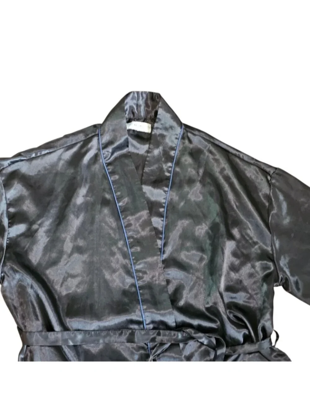 VTG Mens Satin Robe Black Blue Trim Sz One Size Mid-length Shiny Sexy‎